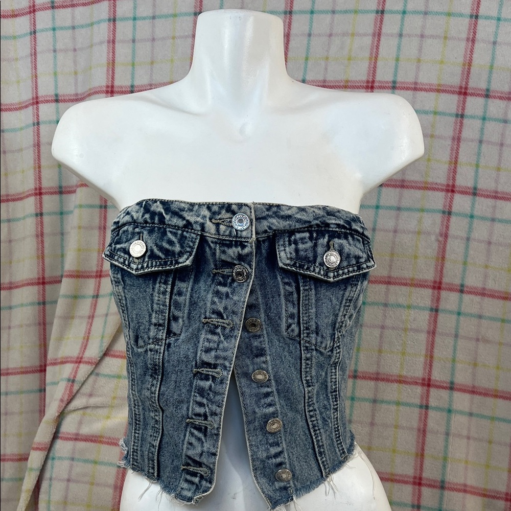 Denim Strapless Button-Up Top